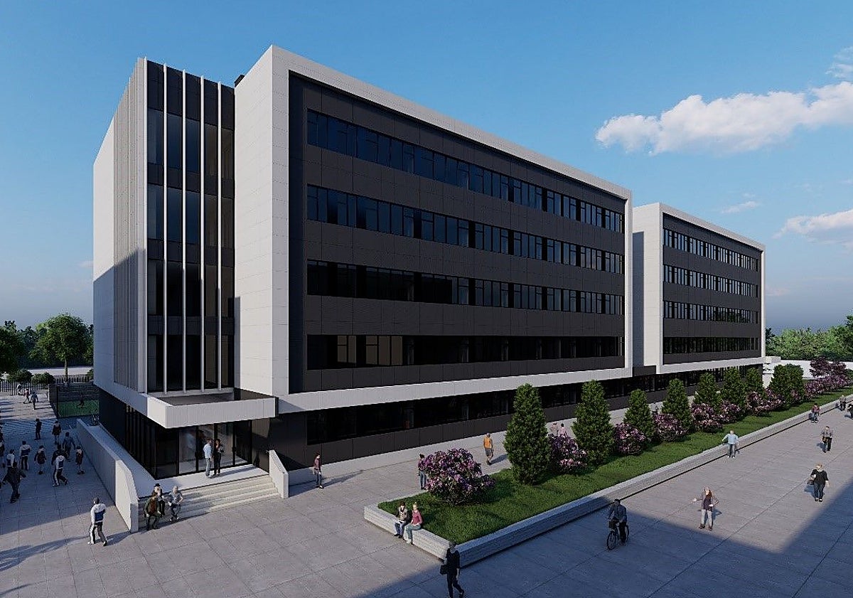 Imagen principal - Figuraciones virtuales del aulario. Arriba, la fachada principal, la que mirará hacia la cafetería actual, y abajo la trasera. 