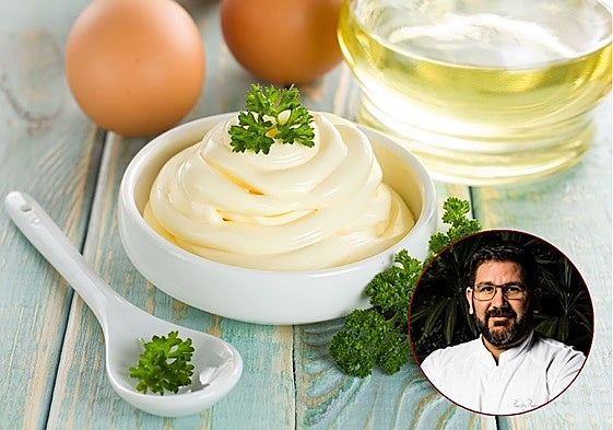 El chef Dani García en un fotomontaje con una imagen de mayonesa.