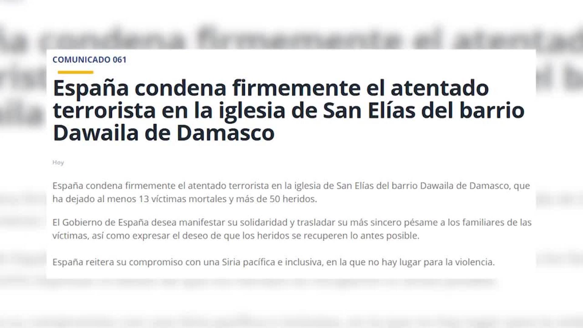 España condena el atentado terrorista en una iglesia de Damasco que ha dejado 22 muertos