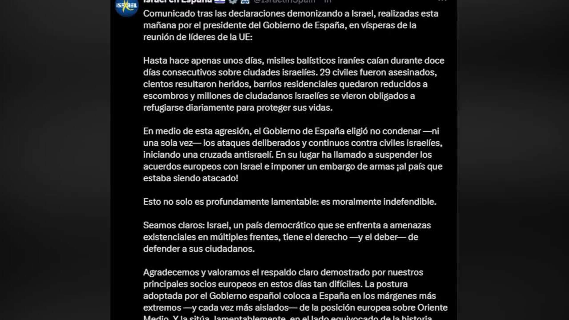 Israel ve la postura de Sánchez "moralmente indefendible"