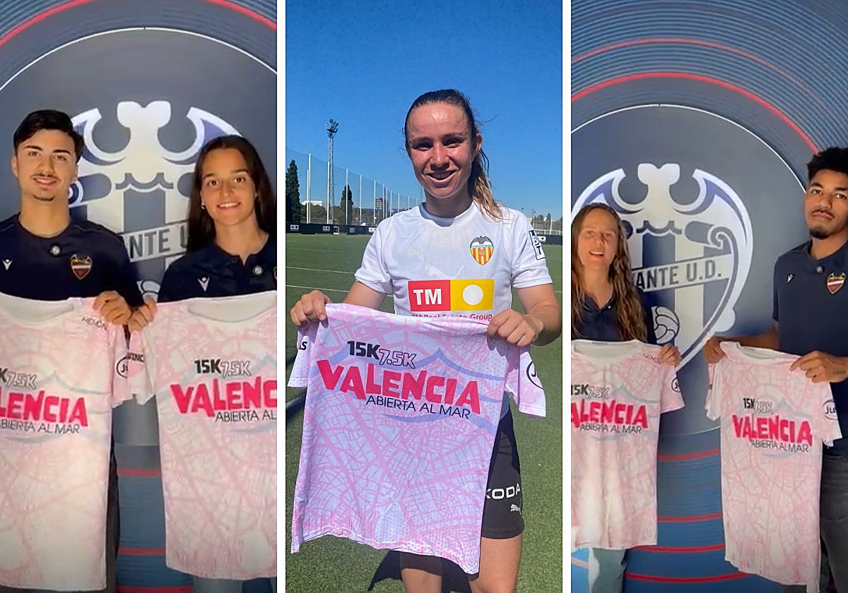 Futbolistas del Levante UD y del Valencia, con la camiseta de la 15K Valencia Abierta al Mar.