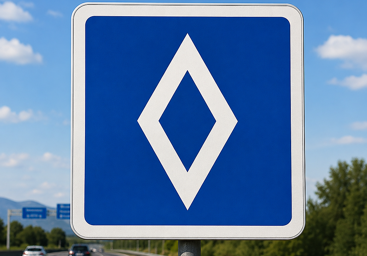 La señal de tráfico azul con un diamante blanco que puede co