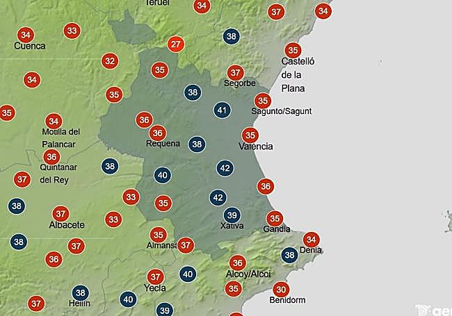Mapa de temperaturas máximas este miércoles 15 de julio. La sensación térmica será aún superior.