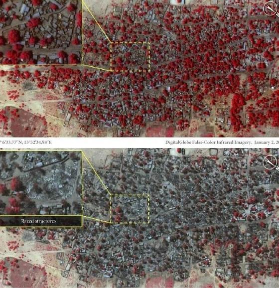 Combo de fotografías de satélite de DigitalGlobe que muestra las imágenes tomadas el 7 de enero (abajo) y el 2 de enero de 2015 (arriba) donde se muestra la destrucción de la localidad de Baga en Nigeria tras el ataque de Boko Haram.