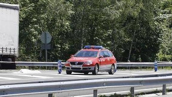 Agentes de la Policía Foral de Navarra junto al camión del fallecido. 