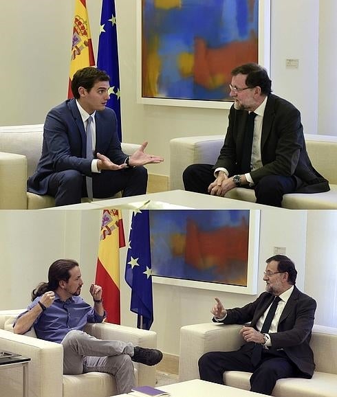 Reunión de Rajoy con Albert Rivera y Pablo Iglesias en Moncloa.