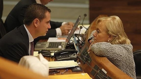 El diputado David González Medina y la presidenta del PP de Asturias, Mercedes Fernández, en la Junta General.