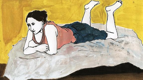 Ilustración de una mujer tumbada en la cama.