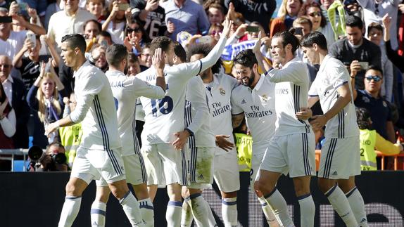 El Real Madrid celebra un gol ante el Leganés. 