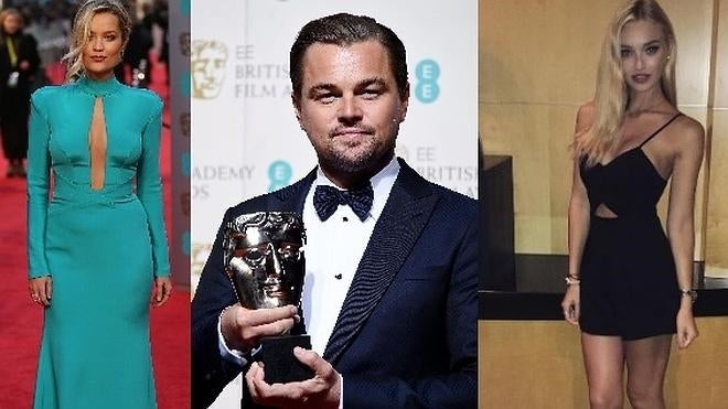 La presentadora Laura Whitmore, Leonardo DiCaprio y la modelo Roxy Horner.
