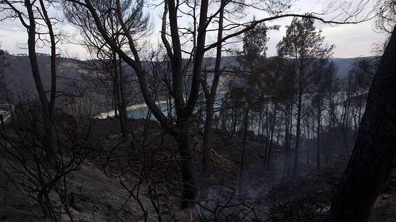 Vistas del pantano de Benagéber afectado por el incendio forestal declarado en Chelva en 2012. 