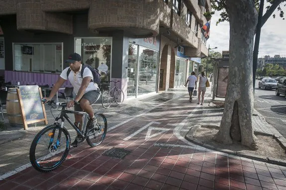 Carril bici, acera estrecha, terraza y parada de la EMT en un palmo de terreno en la avenida Aragón. :: jesús montañana