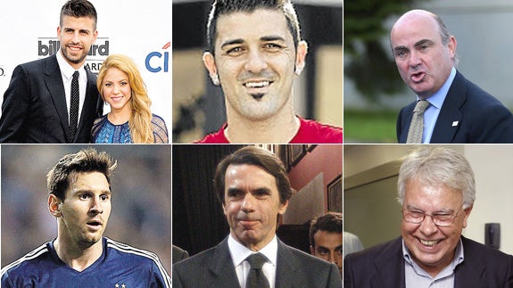 Gerard Piqué y Shakira, David Villa, Luis de Guindos, Messi, José María Aznar y Felipe González. 