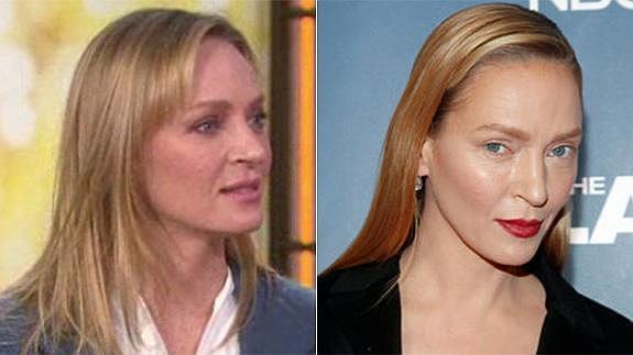 A la izquierda, Uma Thurman durante su entrevista en la NBC. A la derecha, la actriz durante la première de 'The Splap'. 