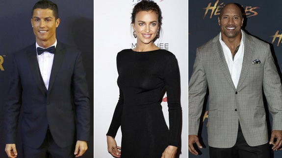 De izquierda a derecha; Cristiano Ronaldo, Irina Shayk y Dwayne Johnson.