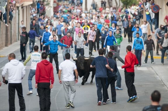El Bou de Pascua de Benifairó reunió el año pasado a miles de aficionados. :: J. M. Artero'Vividor', el toro de Domínguez Camacho.