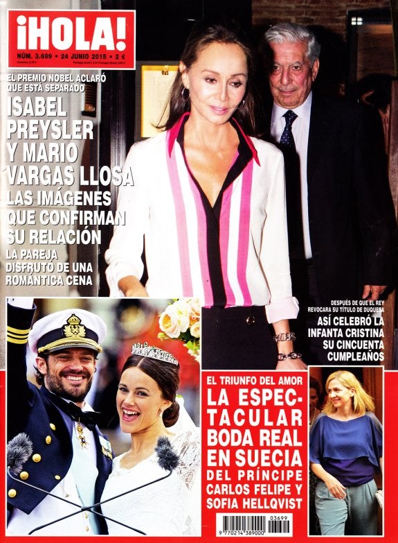 Amor de restaurante. Isabel Preysler y Vargas Llosa, fotografiados saliendo de un restaurante de la capital en la portada de '¡Hola!', como la semana pasada. :: '¡hola!'