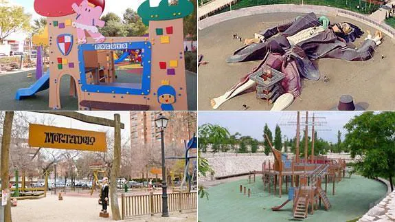 El parque de Pocoyó, el Gulliver, el parque de Mortadelo y Filemón y una zona de juegos del parque de Cabecera (de izquierda a derecha y de arriba a abajo)