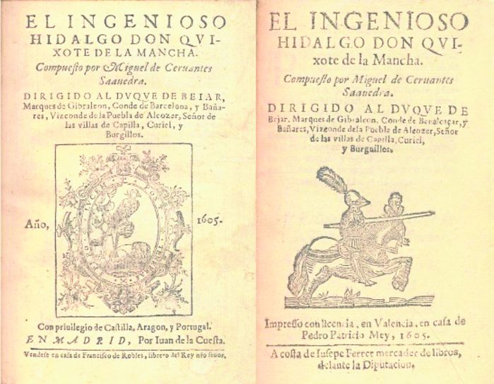  A la izquierda, la edición madrieña de 1605. A la derecha, la impresa en Valencia por Pedro Patricio Mey. 