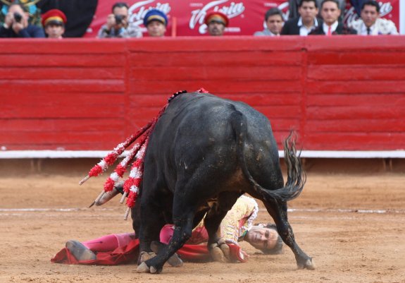 El primer toro de la corrida, 'Bellotero', embiste al diestro José Tomás. :: Mario Guzmán / efe