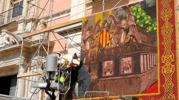 Montaje del tapiz floral del Corpus Christi ya está instalado en la plaza de la Virgen de Valencia.