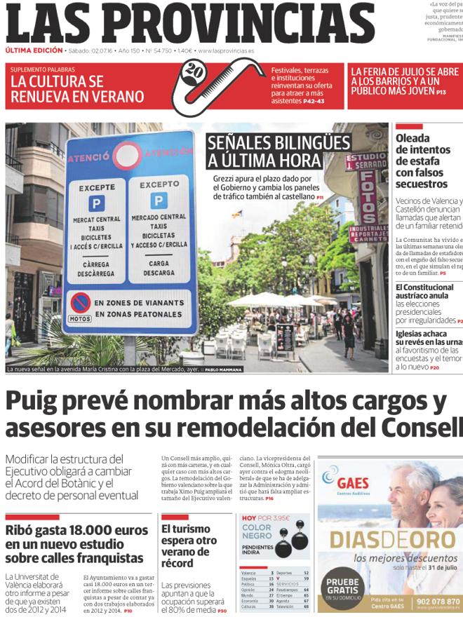 Portada de LAS PROVINCIAS del sábado 2 de julio de 2016