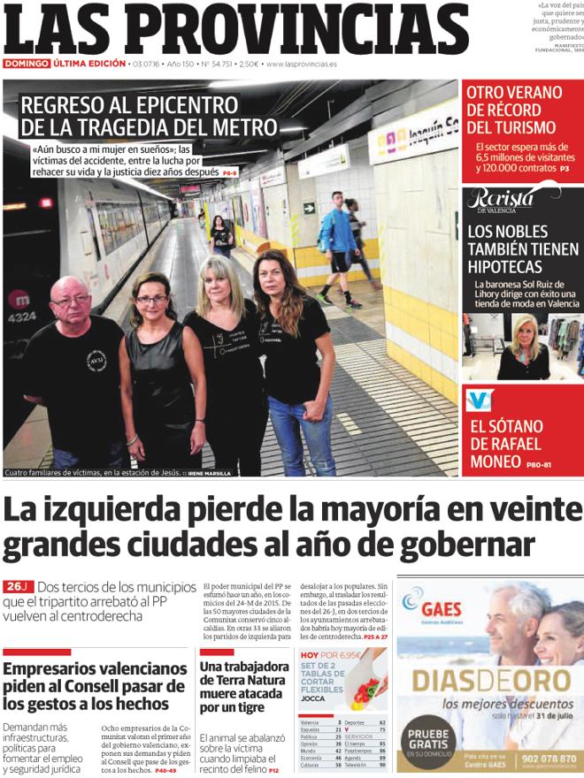 Portada de LAS PROVINCIAS del domingo 3 de julio de 2016