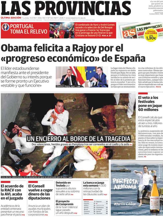 Portada de LAS PROVINCIAS del lunes 11 de julio de 2016