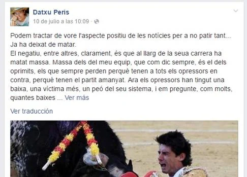 Una concejala de Guanyar Catarroja considera «positiva» la muerte del torero Víctor Barrio