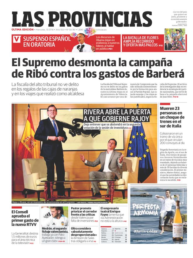 Portada de LAS PROVINCIAS del miércoles 13 de julio de 2016