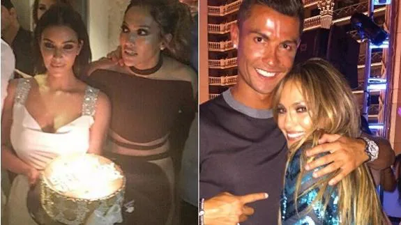 Kim Kardashian, de blanco, y Cristiano Ronaldo se fotografiaron junto a Jennifer López en su cumpleaños.