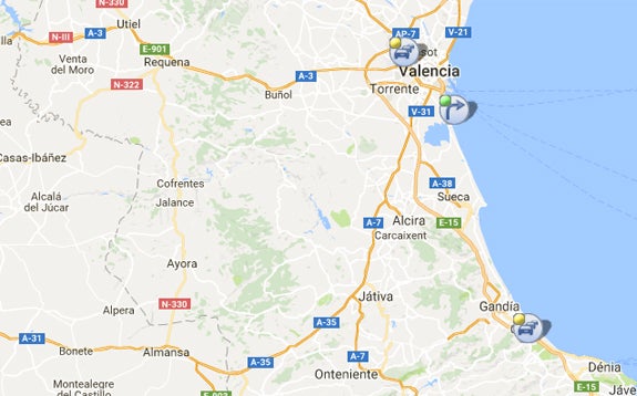 Mapa de incidencias de las carreteras de Valencia, poco después de las 15:00 horas.