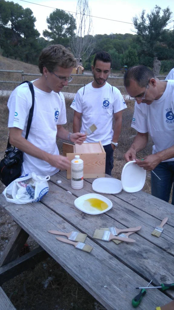 Voluntarios preparan cajas nido para los murciélagos en el Turia. :: lp