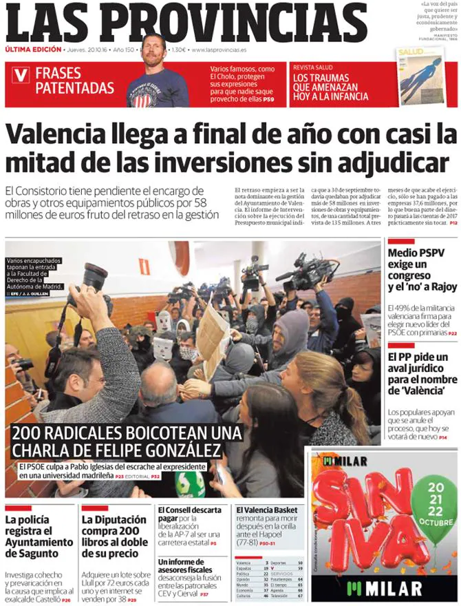 Portada de LAS PROVINCIAS del jueves 20 de octubre de 2016