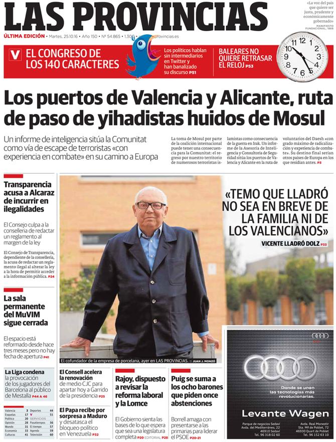 Portada de LAS PROVINCIAS del martes 25 de octubre de 2016