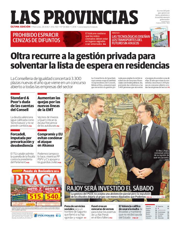 Portada de LAS PROVINCIAS del miércoles 26 de octubre de 2016