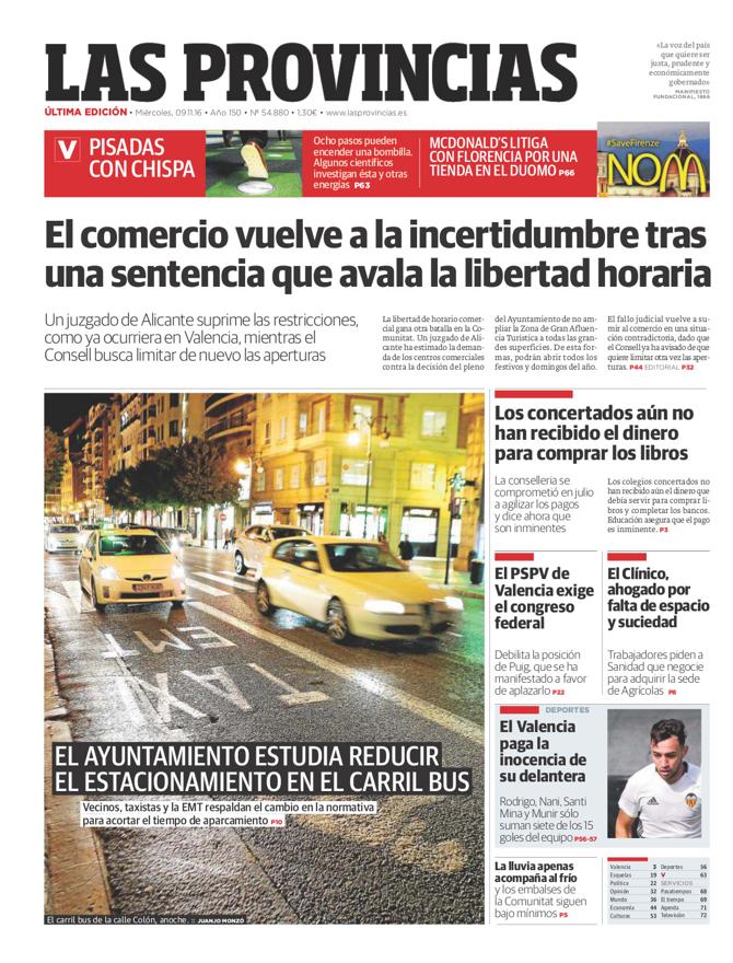 Portada de LAS PROVINCIAS del miércoles 9 de noviembre de 2016