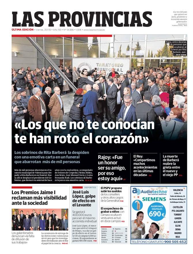 Portada de LAS PROVINCIAS del viernes 25 de noviembre de 2016