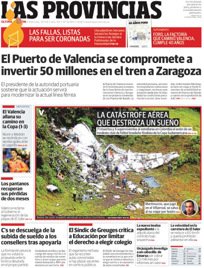 Portada de LAS PROVINCIAS del miércoles 30 de noviembre de 2016