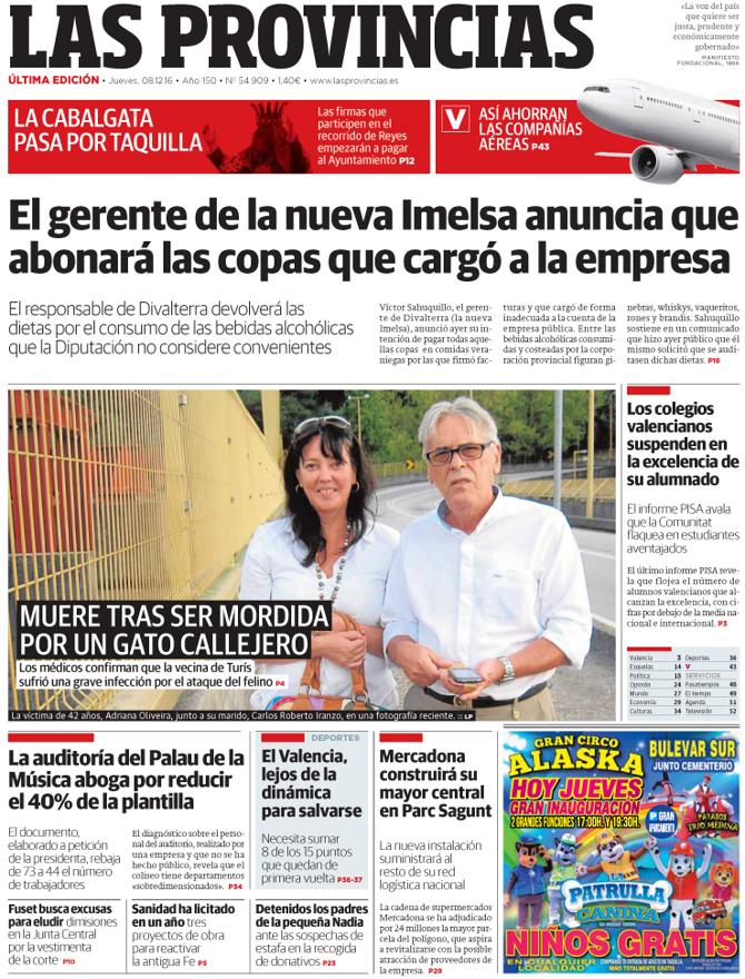 Portada de LAS PROVINCIAS del jueves 8 de diciembre de 2016