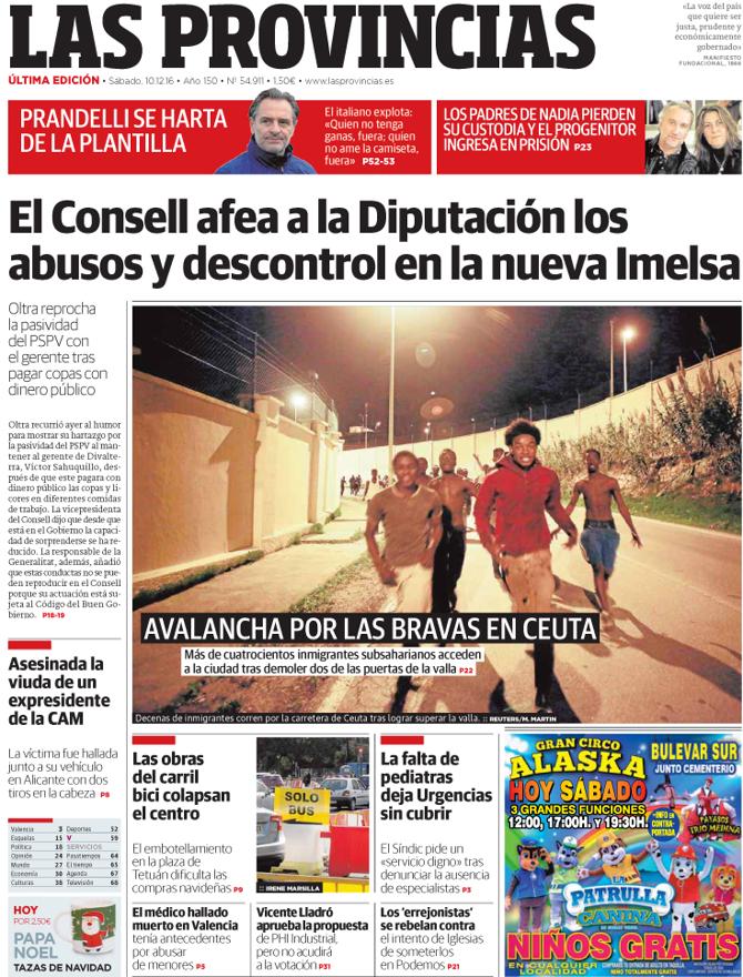 Portada de LAS PROVINCIAS del sábado 10 de diciembre de 2016