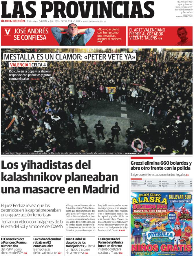 Portada de LAS PROVINCIAS del miércoles 4 de enero de 2017