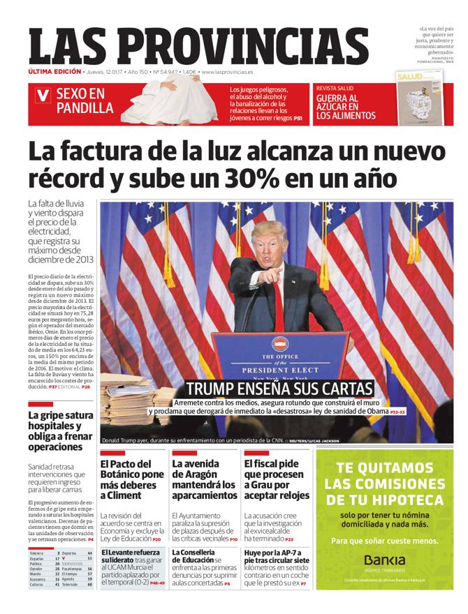 Portada de LAS PROVINCIAS del jueves 12 de enero de 2017