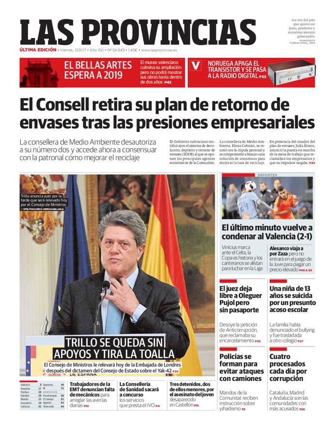 Portada de LAS PROVINCIAS del viernes 13 de enero de 2017