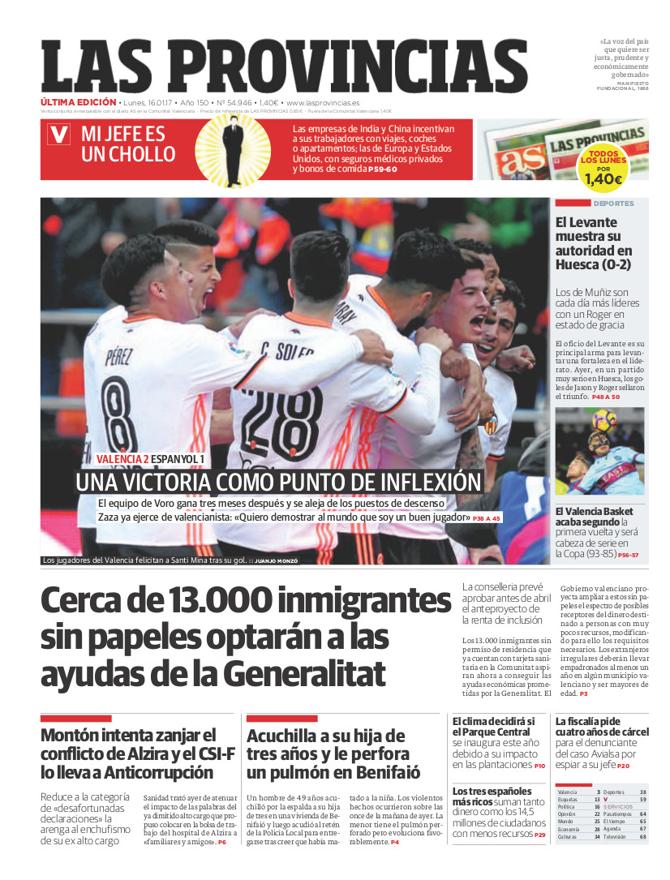 Portada de LAS PROVINCIAS del lunes 16 de enero de 2017