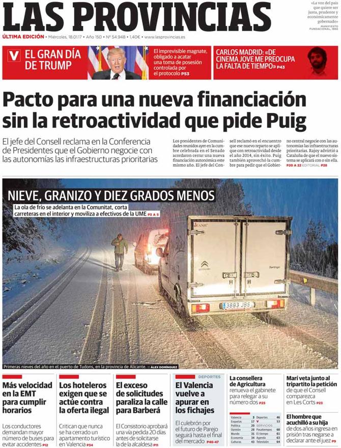 Portada de LAS PROVINCIAS del miércoles 18 de enero de 2017