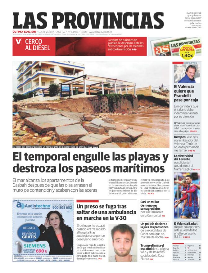 Portada de LAS PROVINCIAS del lunes 23 de enero de 2017