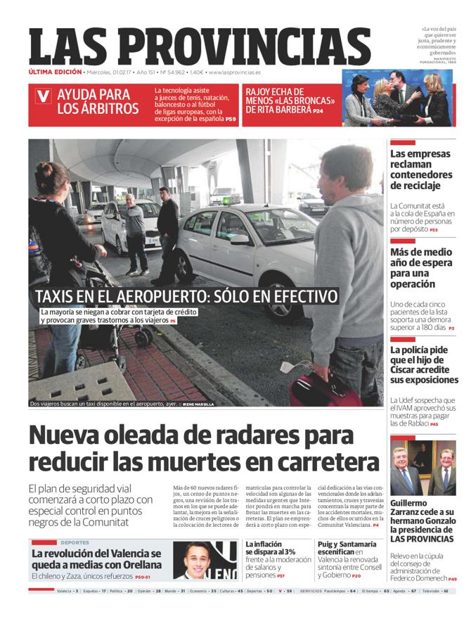 Portada de LAS PROVINCIAS del miércoles 1 de febrero de 2017