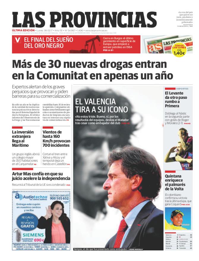 Portada de LAS PROVINCIAS del lunes 6 de febrero de 2017