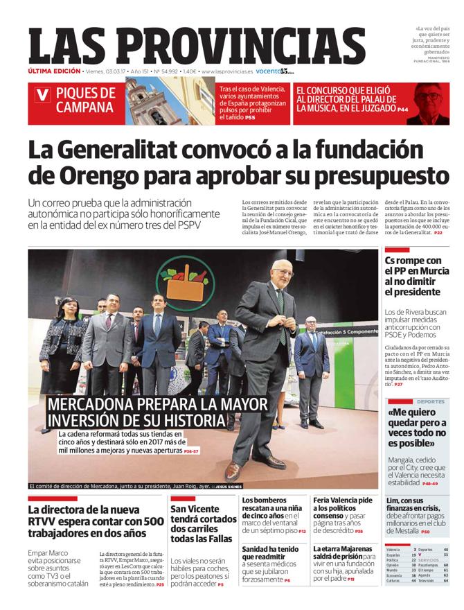Portada de LAS PROVINCIAS del viernes 3 de marzo de 2017